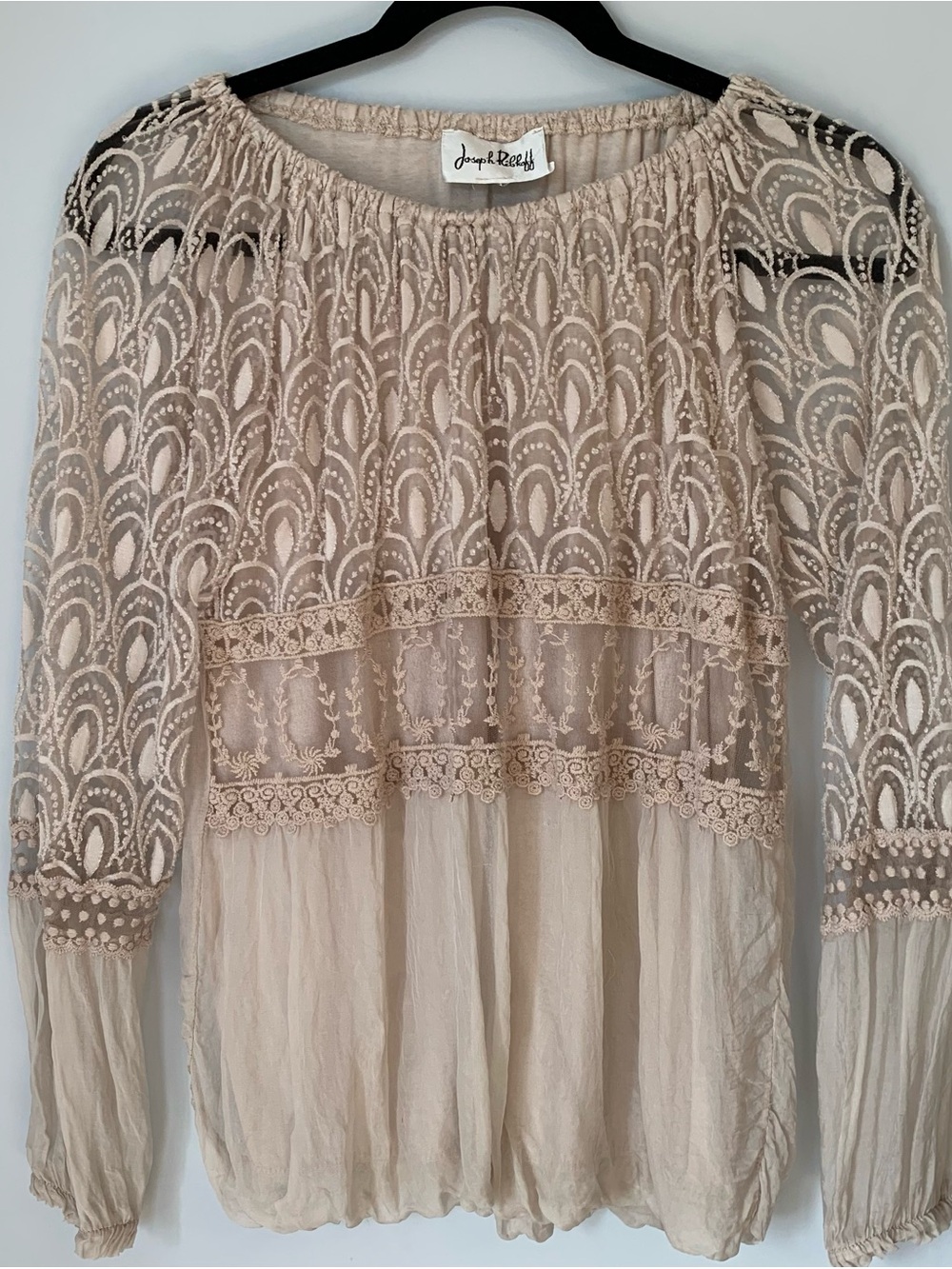 SZ S JOSEPH RIBKOFF CREAM LACE PEASANT BLOUSE LONG SLEEVE BUBBLE HEM